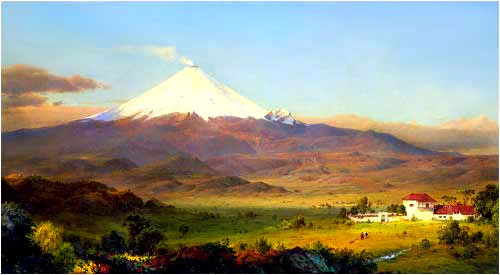 In this famous painting of 1855, San Augustin de Callo is in sight of Cotopaxi, the highest active volcano in the world.