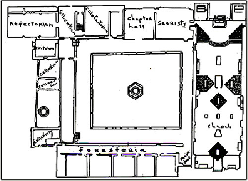 The monastery floor plan is typically Augustinian, with the church on the right.