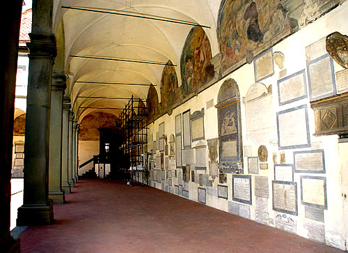 Part of the former Augustinian cloister; tombstones now on the wall.