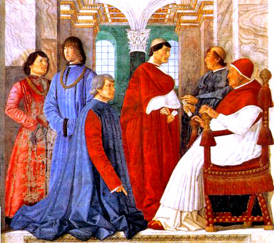 A painting on the theme of the papal court of Pope Sixtus IV