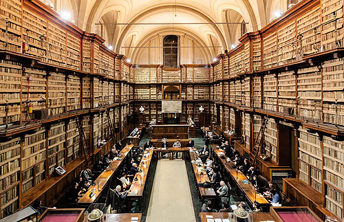 Walls of books at Rome in the Angelica Library, which Vazquez expanded