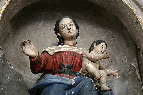 Ancient statue of Mary and Infant at a former Augustinian monastery in Mexico