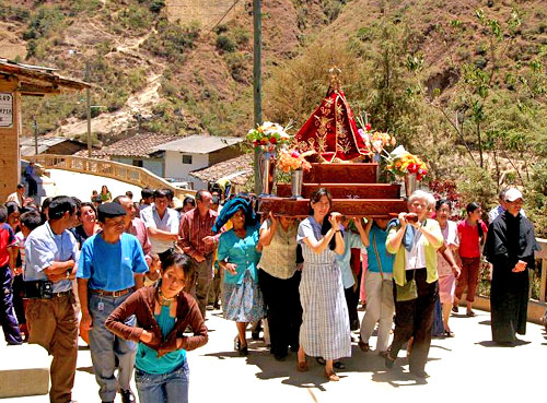 A street procession in the mountains, Diocese of Chulucanas, Peru