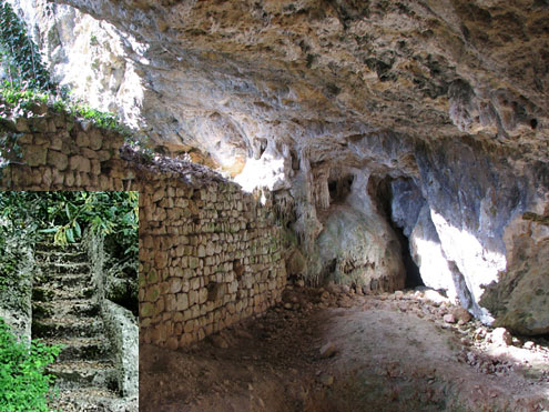 The large natural cave. Inset: An exterior staircase hewn into rock nearby.