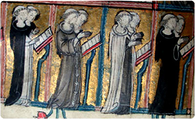 In a medieval illustration from left to right, the Dominicans, Franciscans, Carmelites and the Augustinians.
