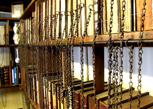 Chained books in a medieval library that still exists