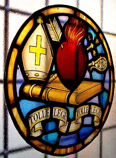 Leadlight Augustinian crest at Hammersmith Priory in London