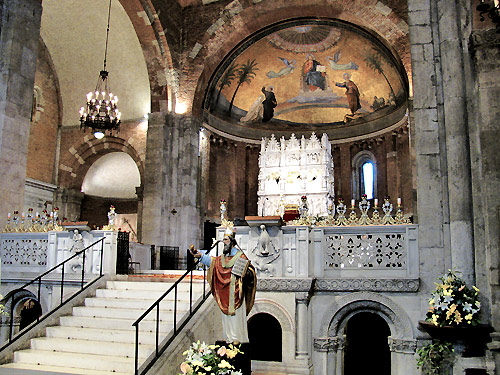 The raised sanctuary of the church, with Augustine's tomb behind the altar