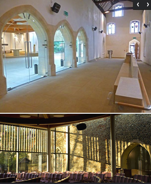Clare Priory's new chapel, inside and out. It is also a parish church