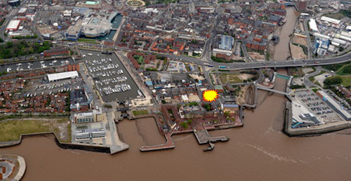Aerial view of Hull today; yellow star shows the former church site