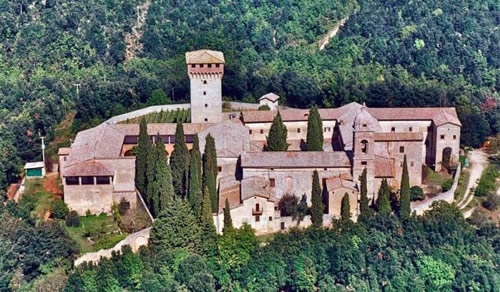 Aerial view of the eremo (hermitage) in the pine forests of Lecceto
