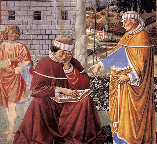 Alypius (at right) assists Augustine's conversion in the garden at Milan